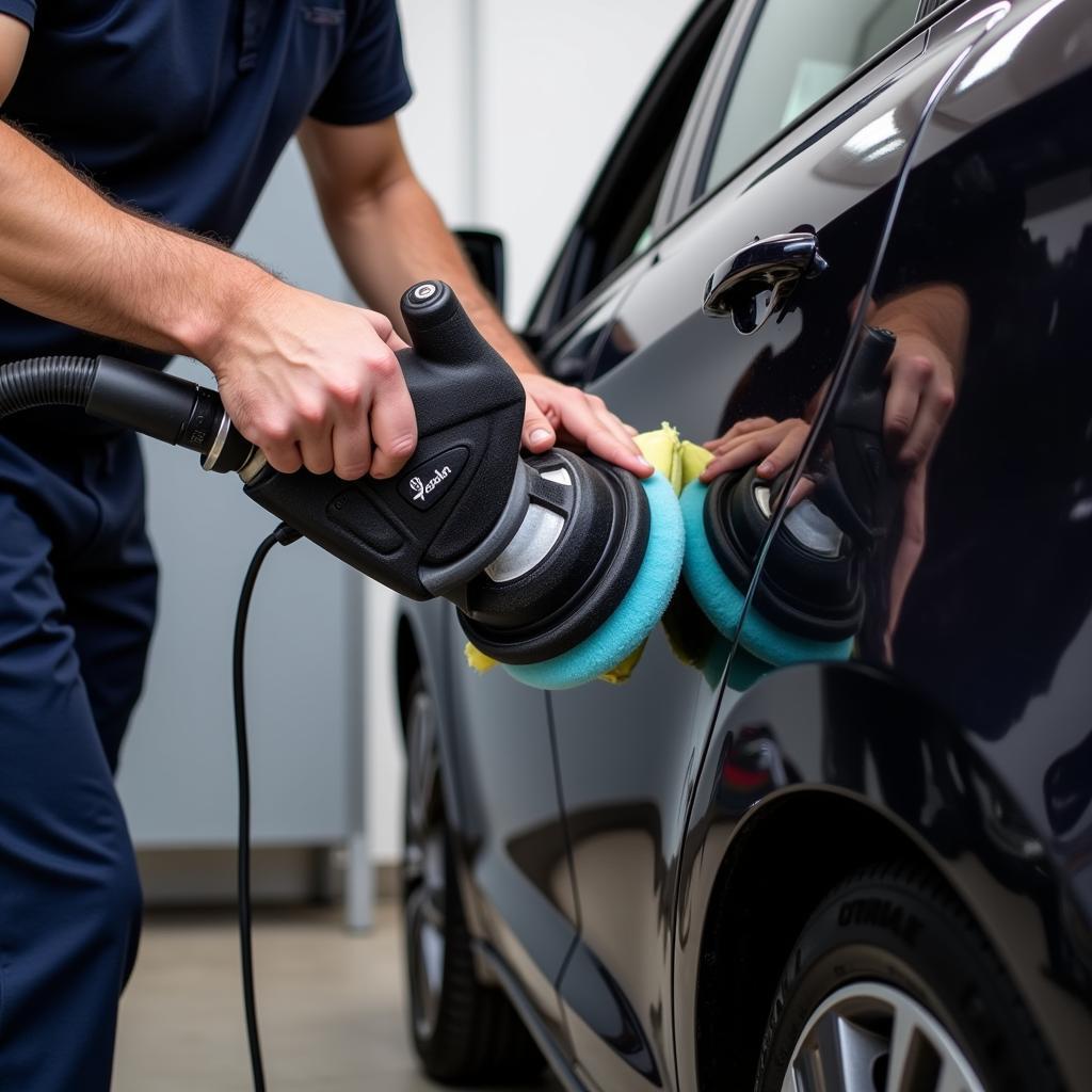 A professional detailer in Essex using a polisher on a car