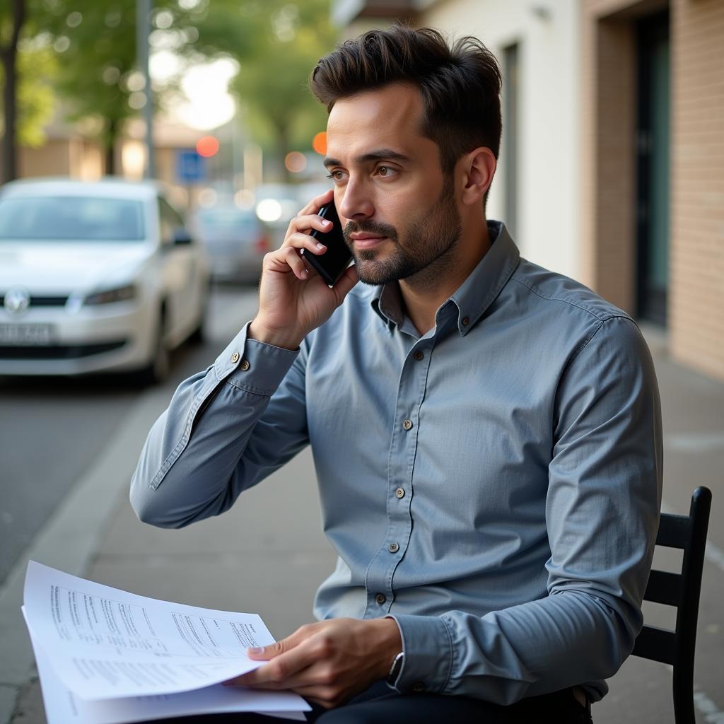 Man Reporting Car Accident to Insurance on Phone