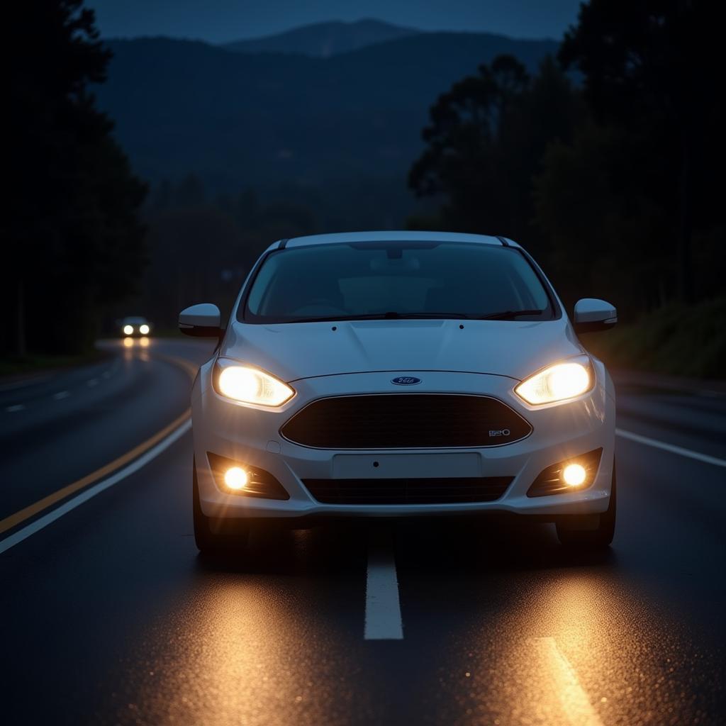 Car with restored headlights driving at night in Perth