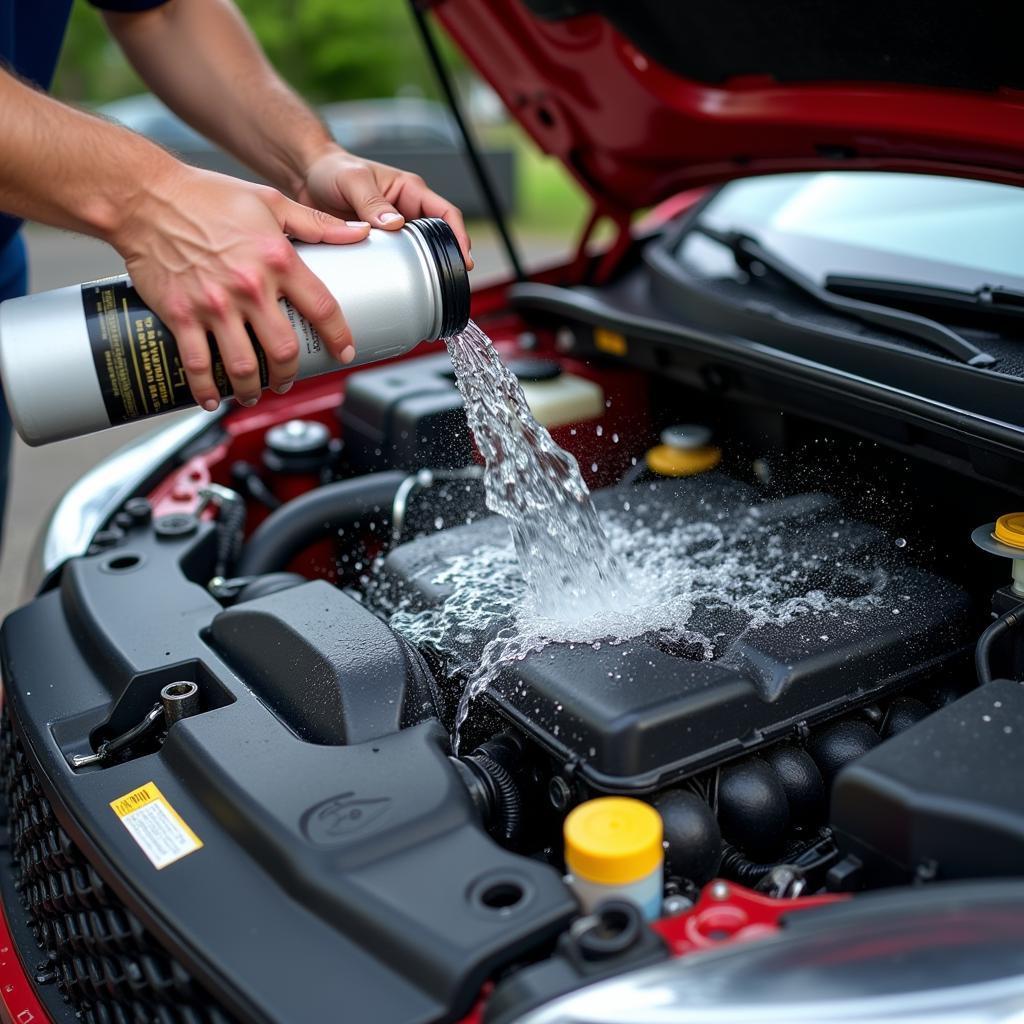 Rinsing off engine degreaser in a well-lit garage