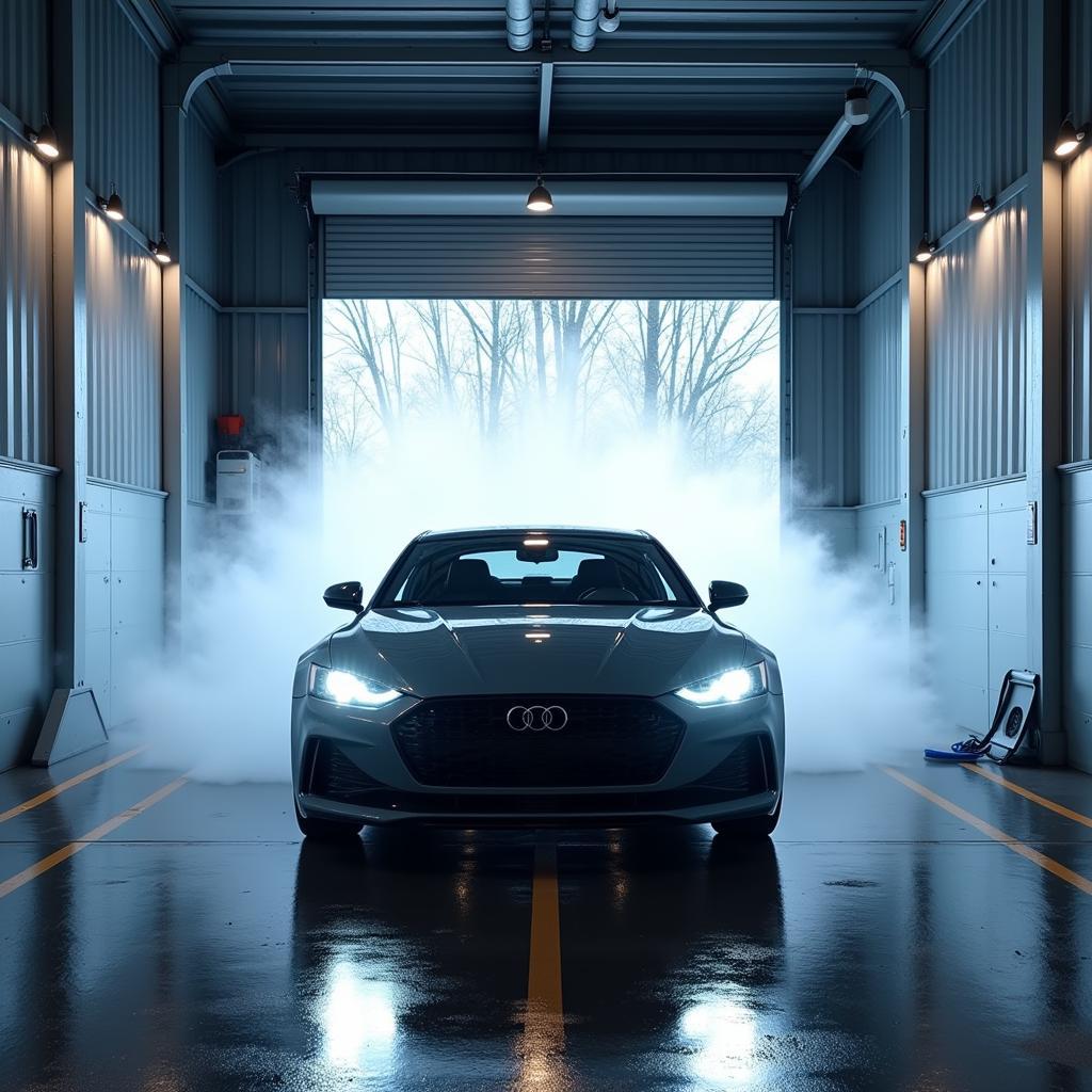 Car going through an automated car wash tunnel