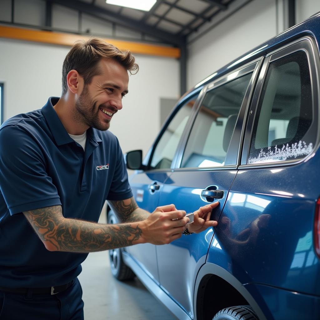 A happy customer admiring their freshly detailed car.