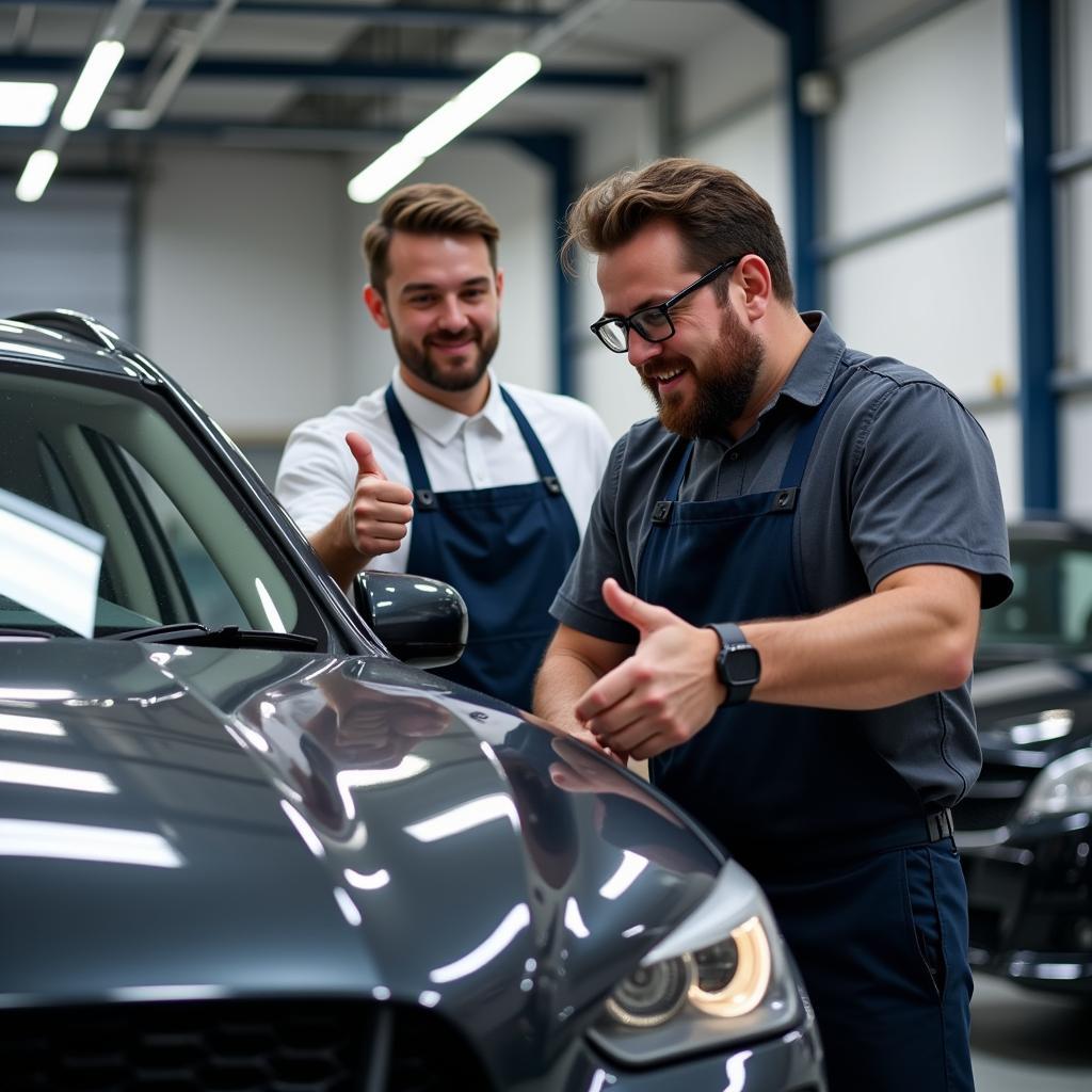 A satisfied customer inspecting their detailed car with the detailer