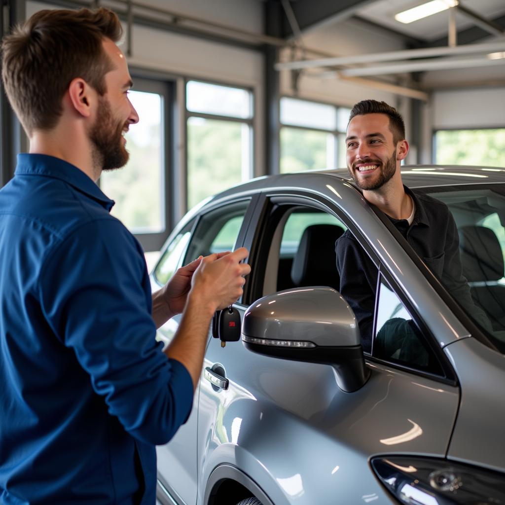 Satisfied Customer Receiving Car Keys From Detailer