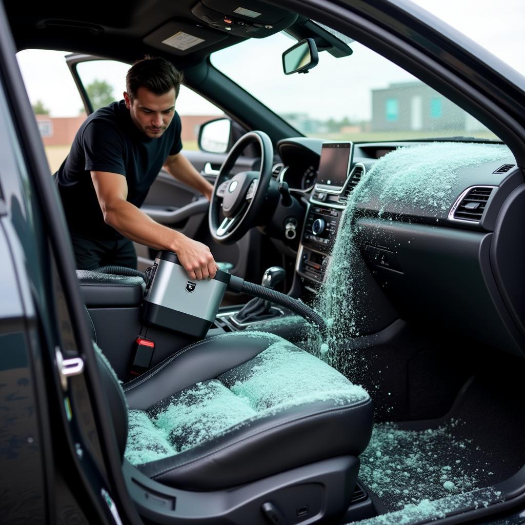 Detailer vacuuming shattered glass from car interior