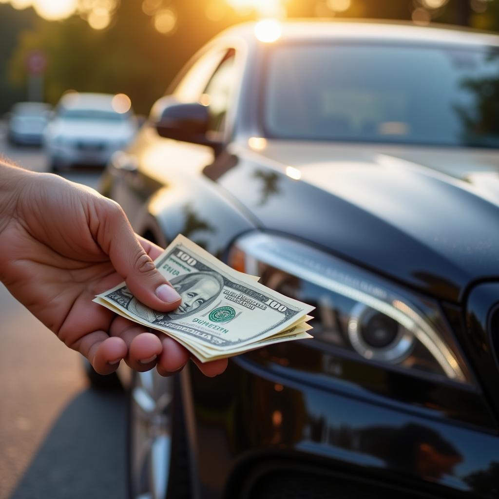 Hand handing cash tip to a mobile car detailer