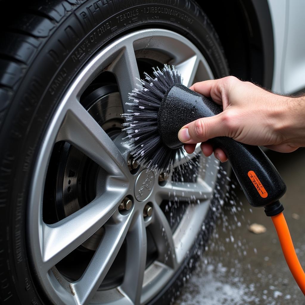 Close-up of tire cleaning brushes in action