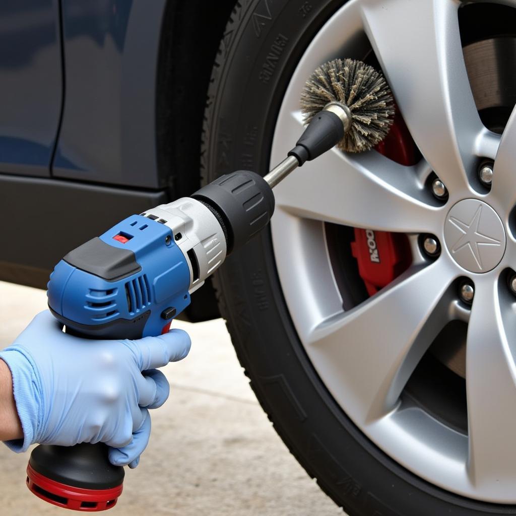 Using a Drill Brush on a Car Wheel