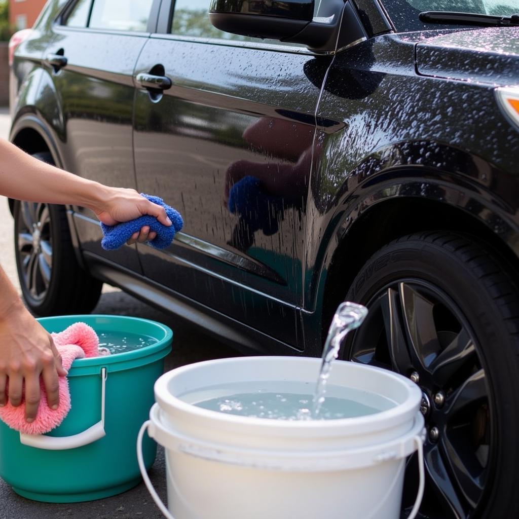 Washing a black car using the two-bucket method