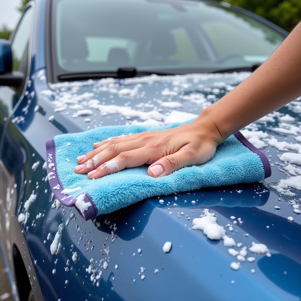 Washing a car with a microfiber mitt