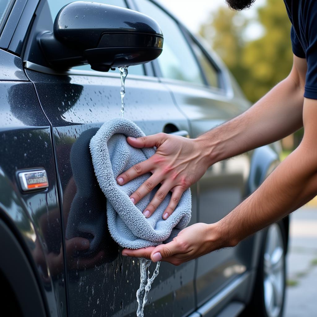 Washing a detailed car with a microfiber cloth