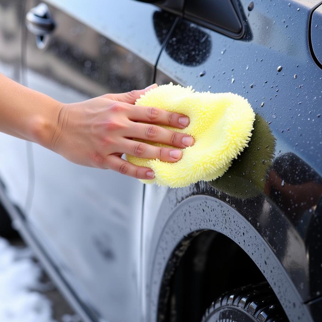 Washing a Car During Winter with Snow in the Background