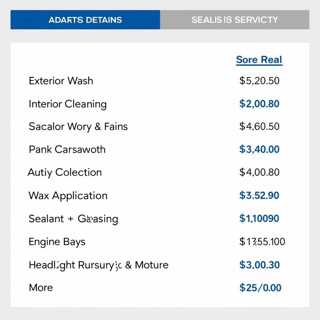 A La Carte Car Detailing Services Menu