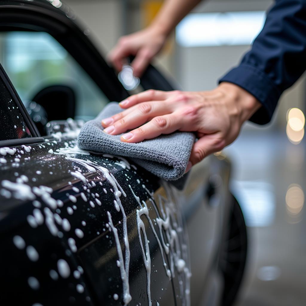 A Mano Car Wash Process: Detailer Gently Washing Car with Microfiber Mitt