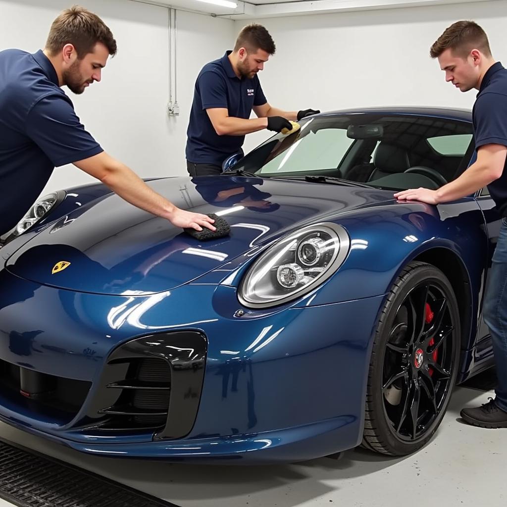 A team of car detailers working together on a vehicle