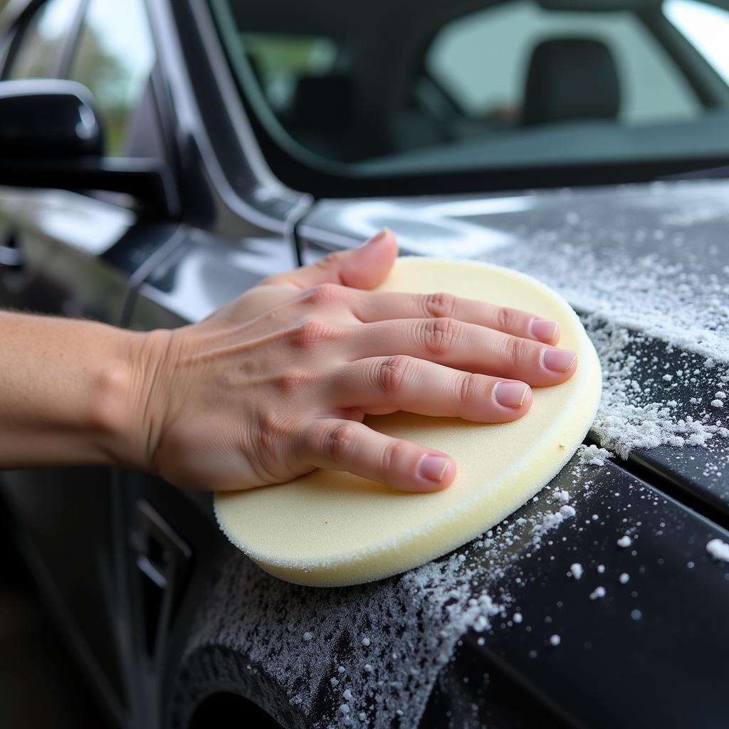 Applying car wax to the car's exterior