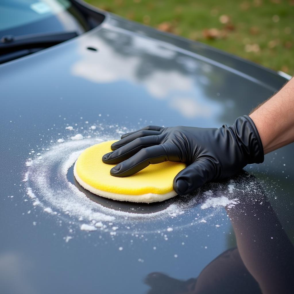 Proper technique for applying car wax using a microfiber applicator pad.