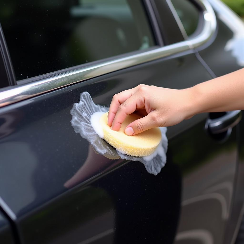 Applying car wax to a car's exterior using an applicator pad