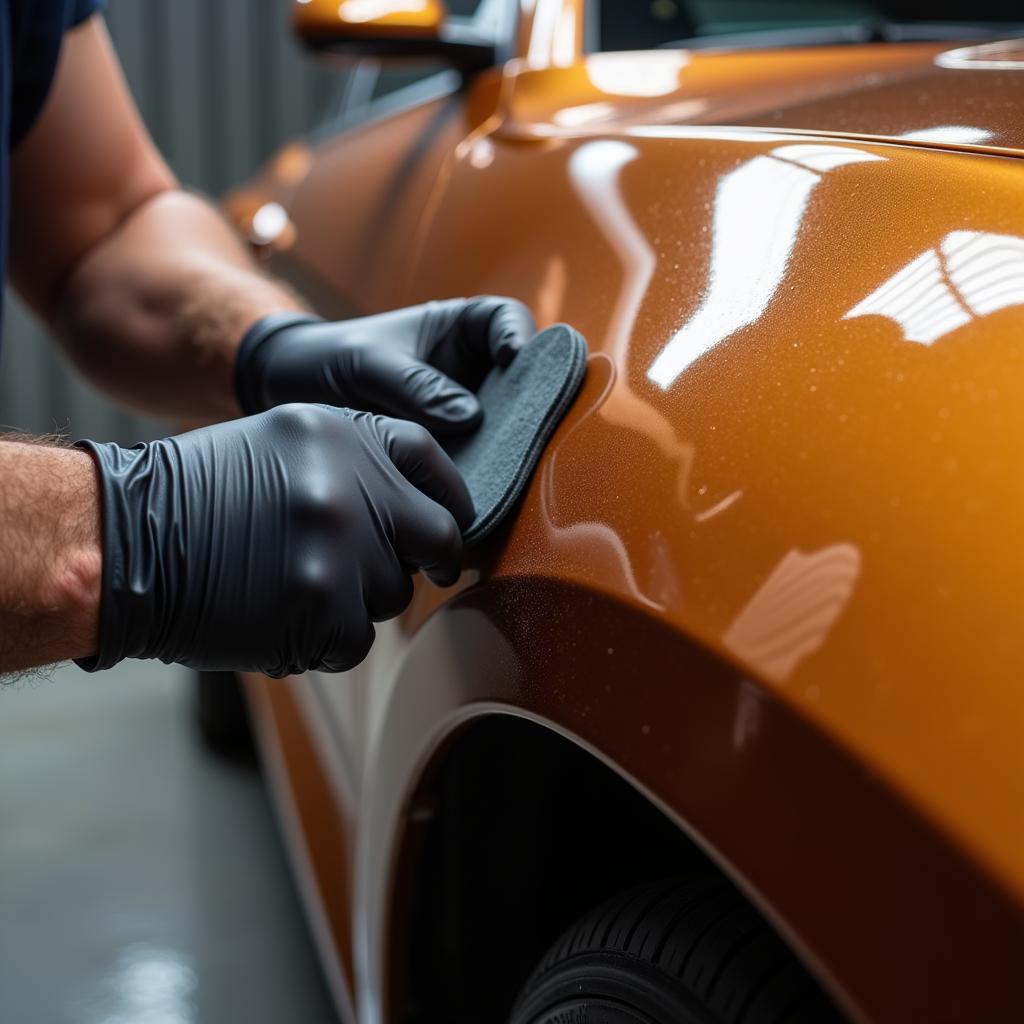 Applying Ceramic Coating to Maple Car: A car detailer meticulously applies a ceramic coating to a maple-colored car, ensuring even coverage and a flawless finish.