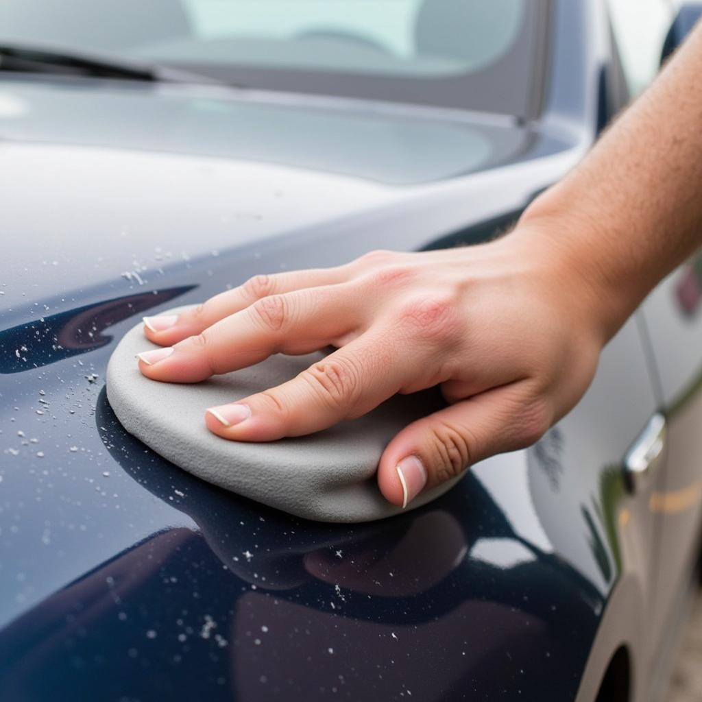 Applying a clay bar with lubricant on a car's surface