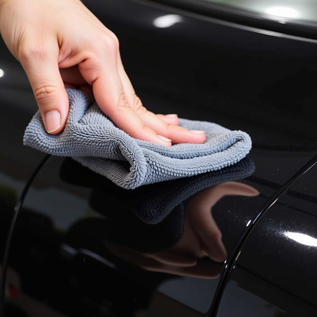 Applying detailer spray to a black car with a microfiber towel