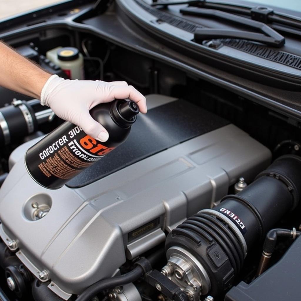 Applying degreaser to a car engine