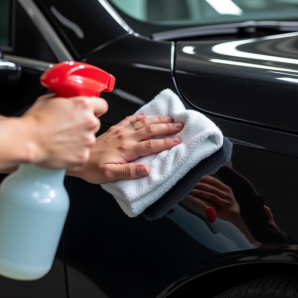 Applying quick detailing spray to a black car