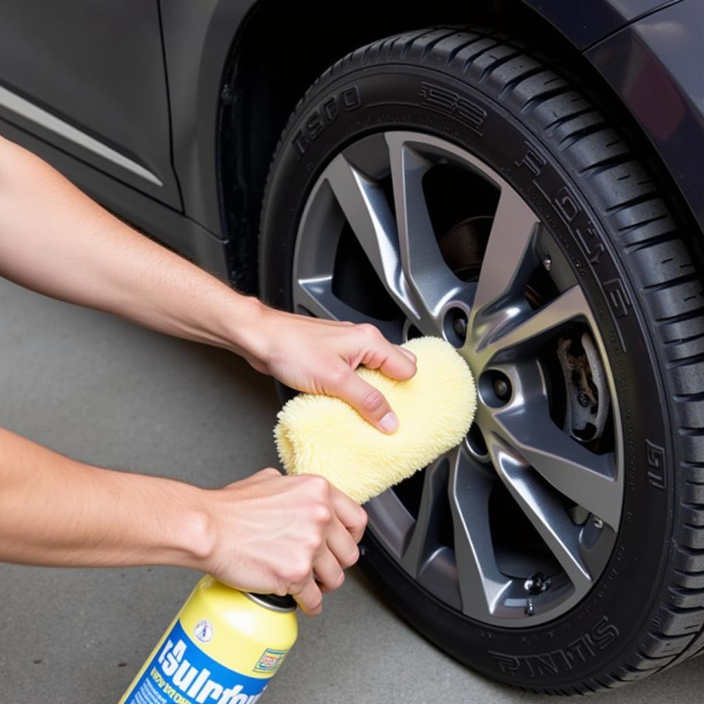 Applying Rubber and Plastic Protectant to a Car Tire