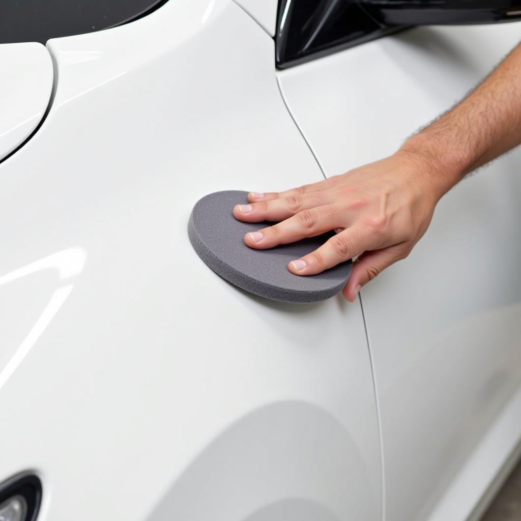 Applying Sealant to a White Car for Long-lasting Protection