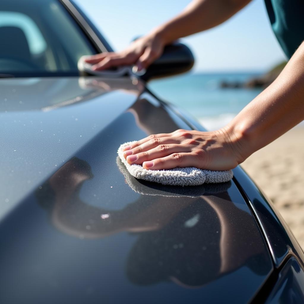 Applying Car Wax at the Beach for Protection