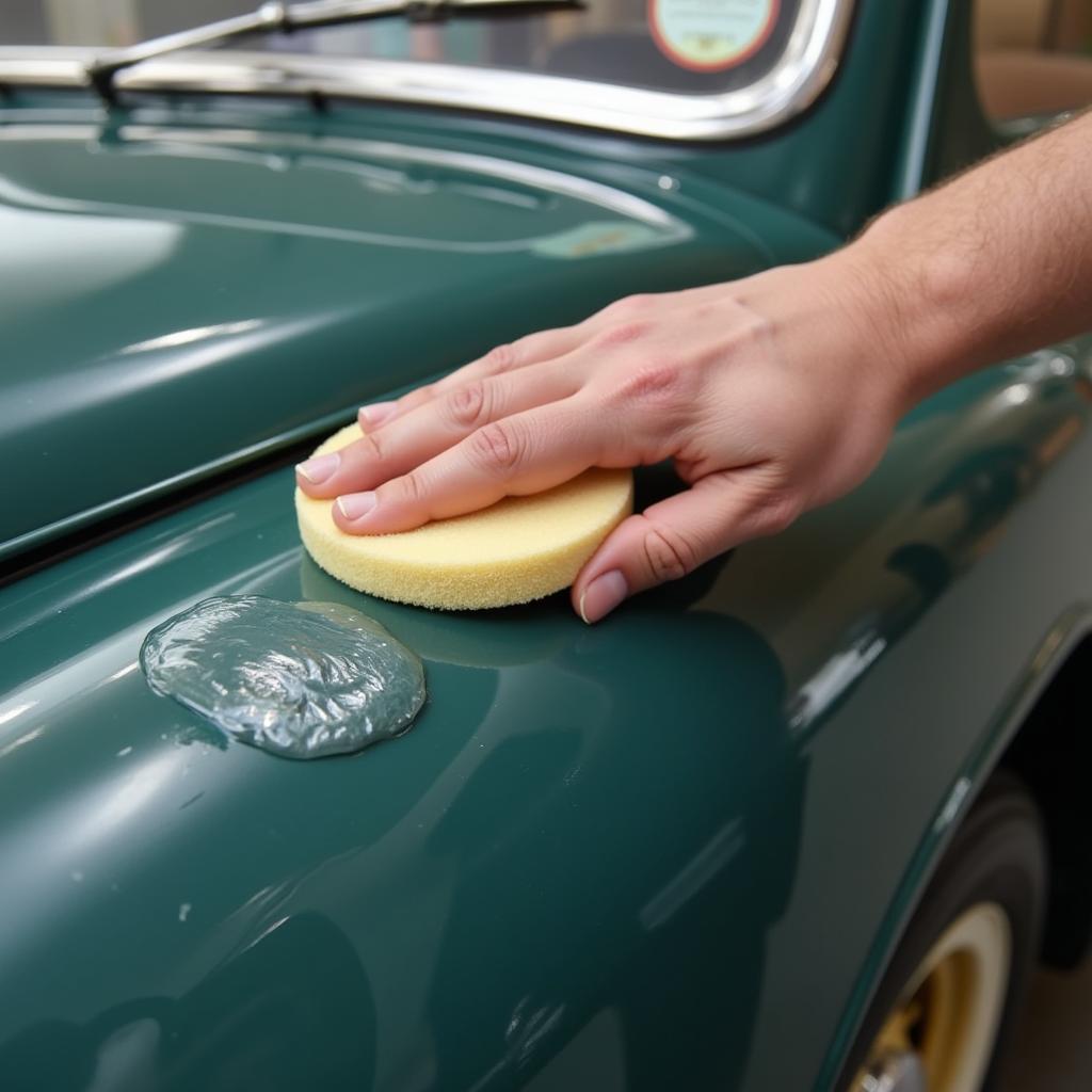 Applying a protective layer of wax to an antique car's paint