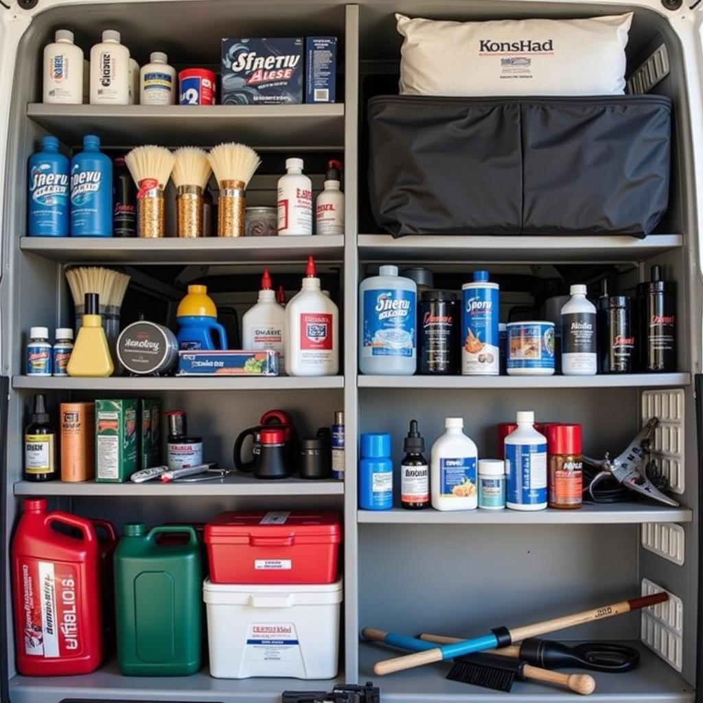 A collection of car detailing supplies neatly organized in a mobile detailing van, ready for use in Arizona.