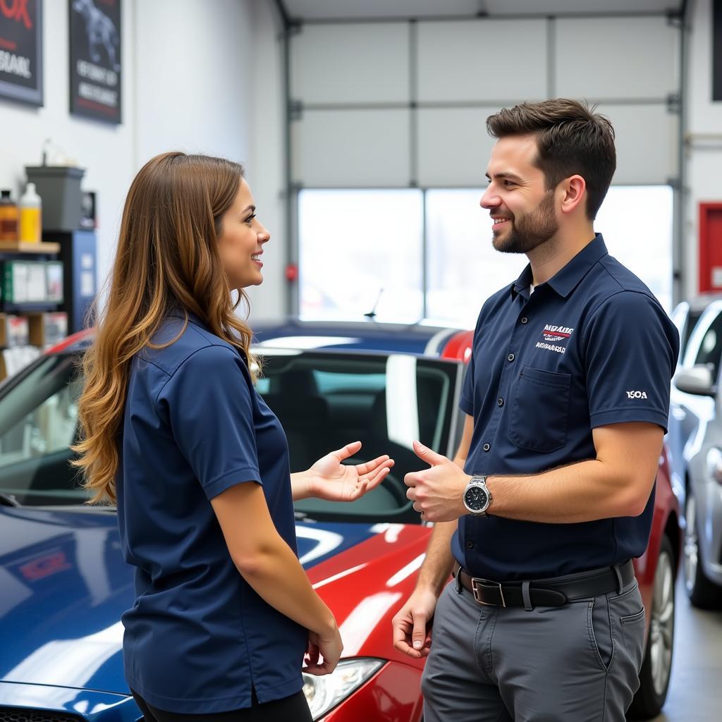 A customer asking questions to a car detailer