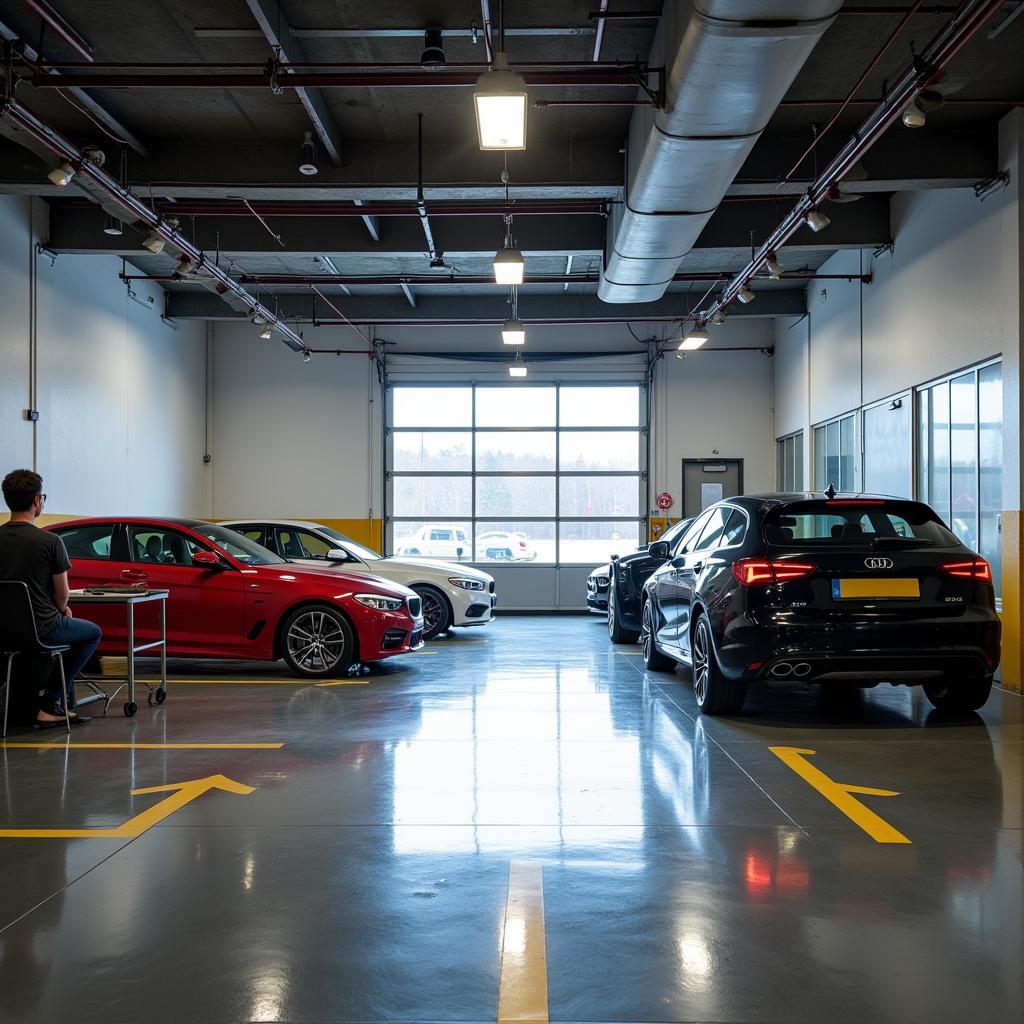 Car detailing service located within a parking garage.