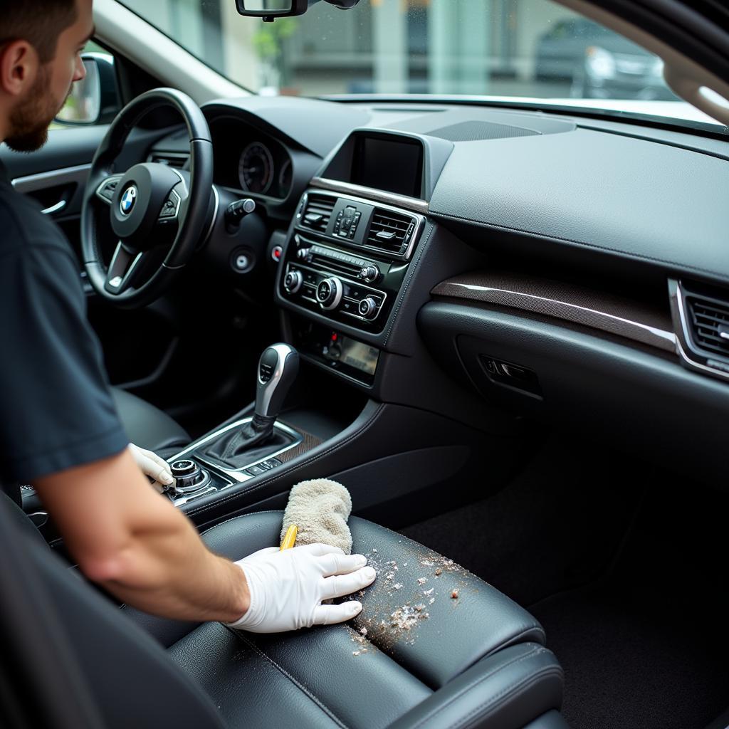 Professional interior car detailing in Plano focusing on thorough cleaning and stain removal.