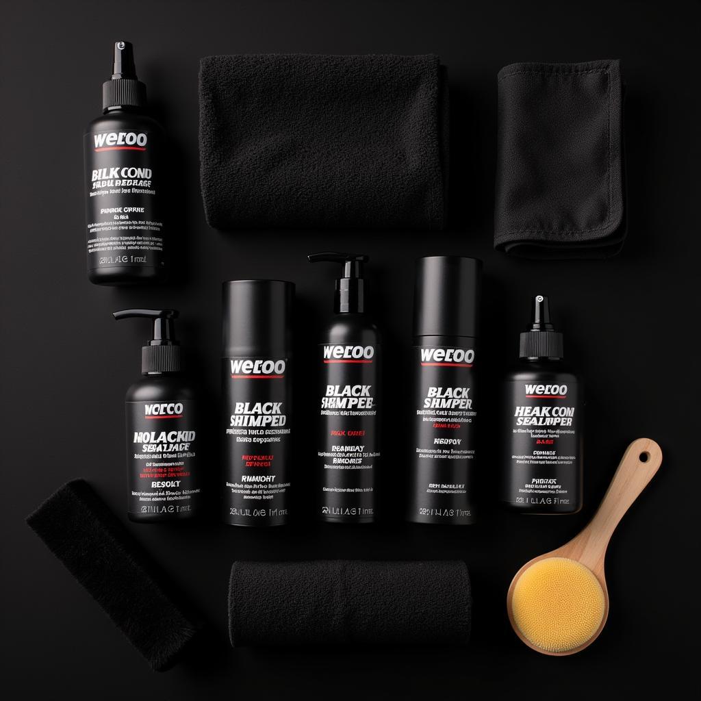 Best Car Detailing Products for Black Cars - An assortment of car detailing products specifically designed for black vehicles, showcasing shampoos, polishes, waxes, and applicators.