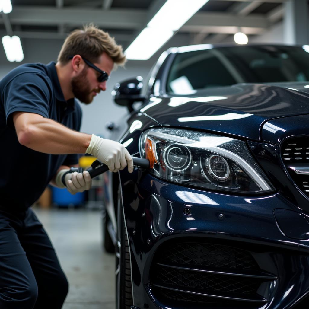 Applying ceramic coating on a car in Seattle