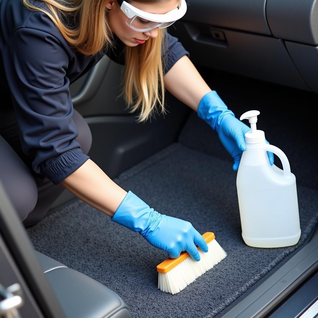 Applying detailing carpet care chemical with proper technique