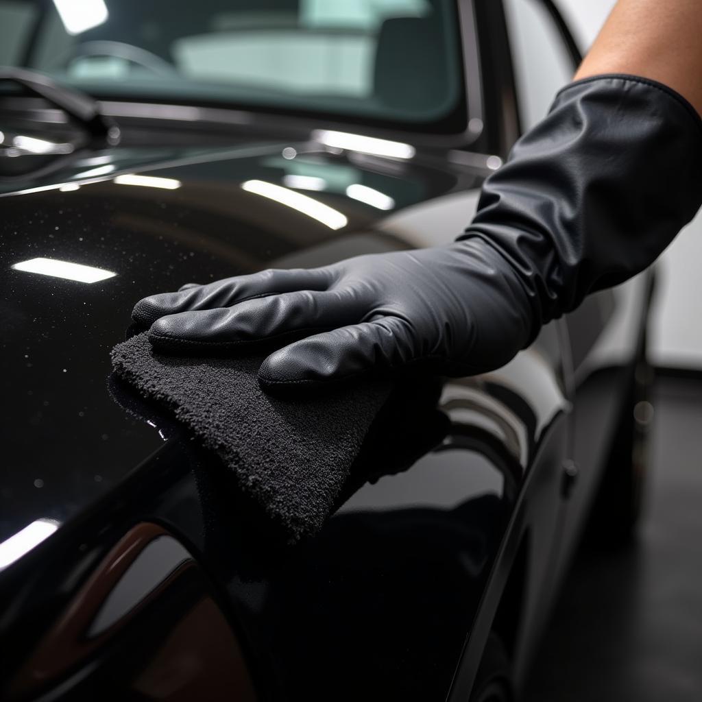 Detailer wearing black nitrile gloves applying ceramic coating to a black car