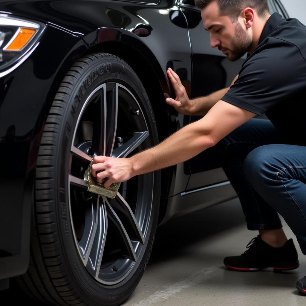 Applying final touches to a detailed black car