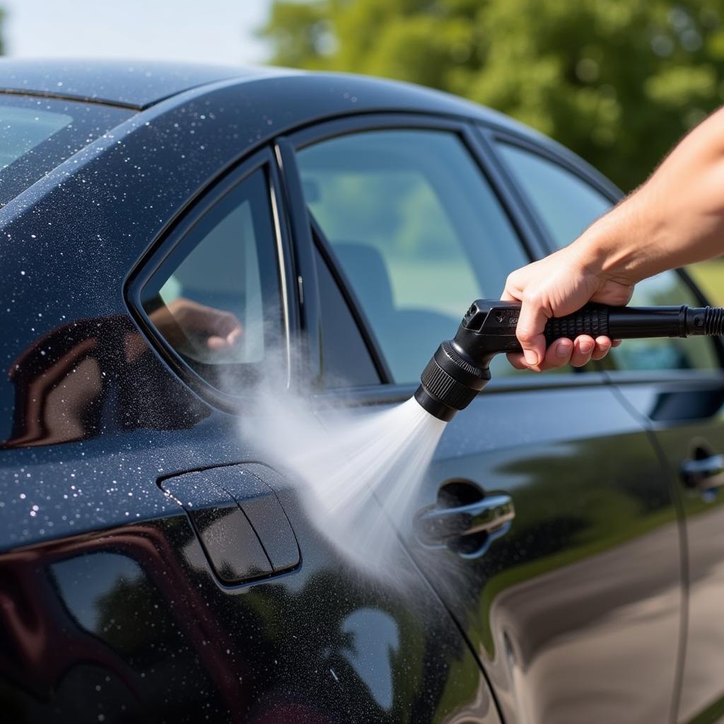 Pre-washing a black car to remove loose debris and dirt