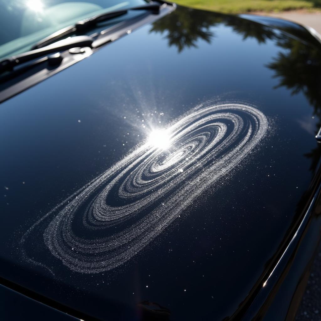 Black Car Swirl Marks - Close-up view of swirl marks and scratches on a black car, highlighting the importance of using the right detailing products.