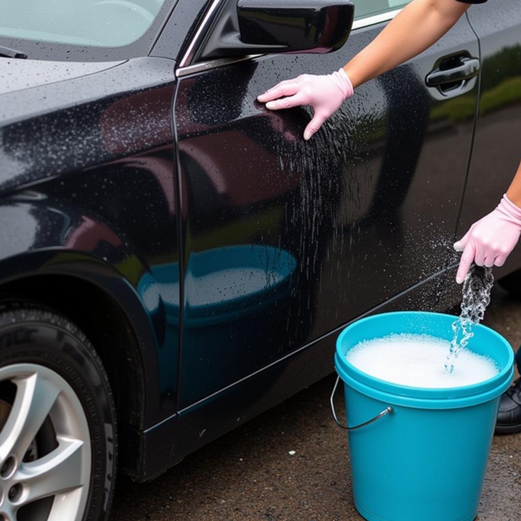 Washing a Black Car with Two Bucket Method and Microfiber Mitt