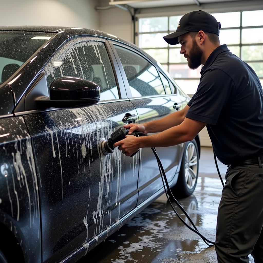 Boss Detailing Car Wash Exterior: A car undergoing an exterior wash and decontamination process.