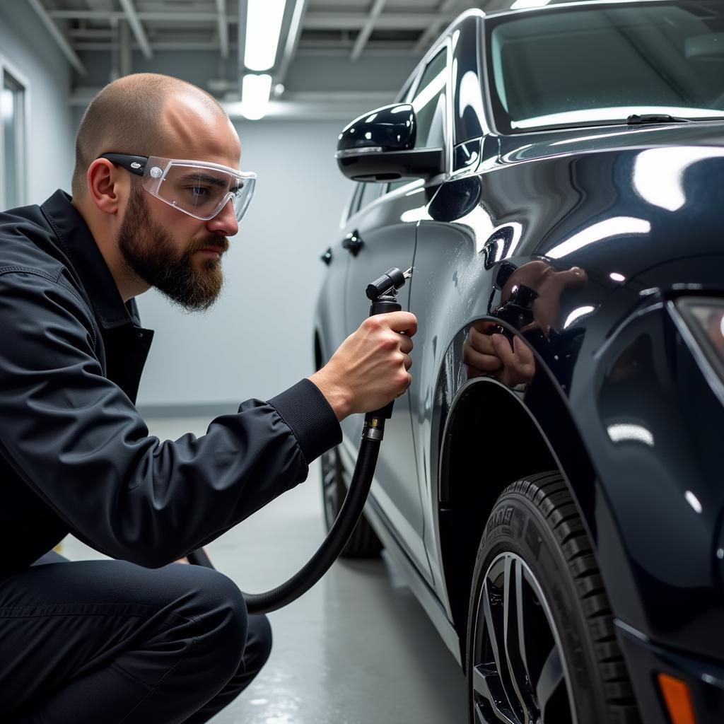 Brooklyn car detailer applying ceramic coating to a vehicle's exterior for enhanced protection and shine