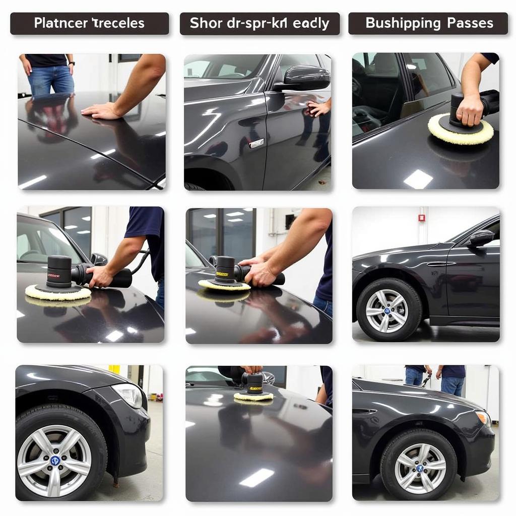 Step-by-step guide to buffing and polishing a car, demonstrating the correct technique with a machine polisher and buffing pad.