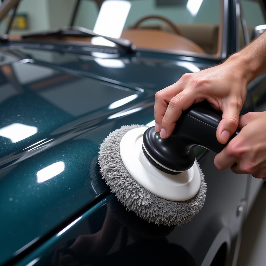 Car detailing buff and polish process: Close-up of a polishing machine being used on a car's paintwork, showing the application of polish and the resulting shine.