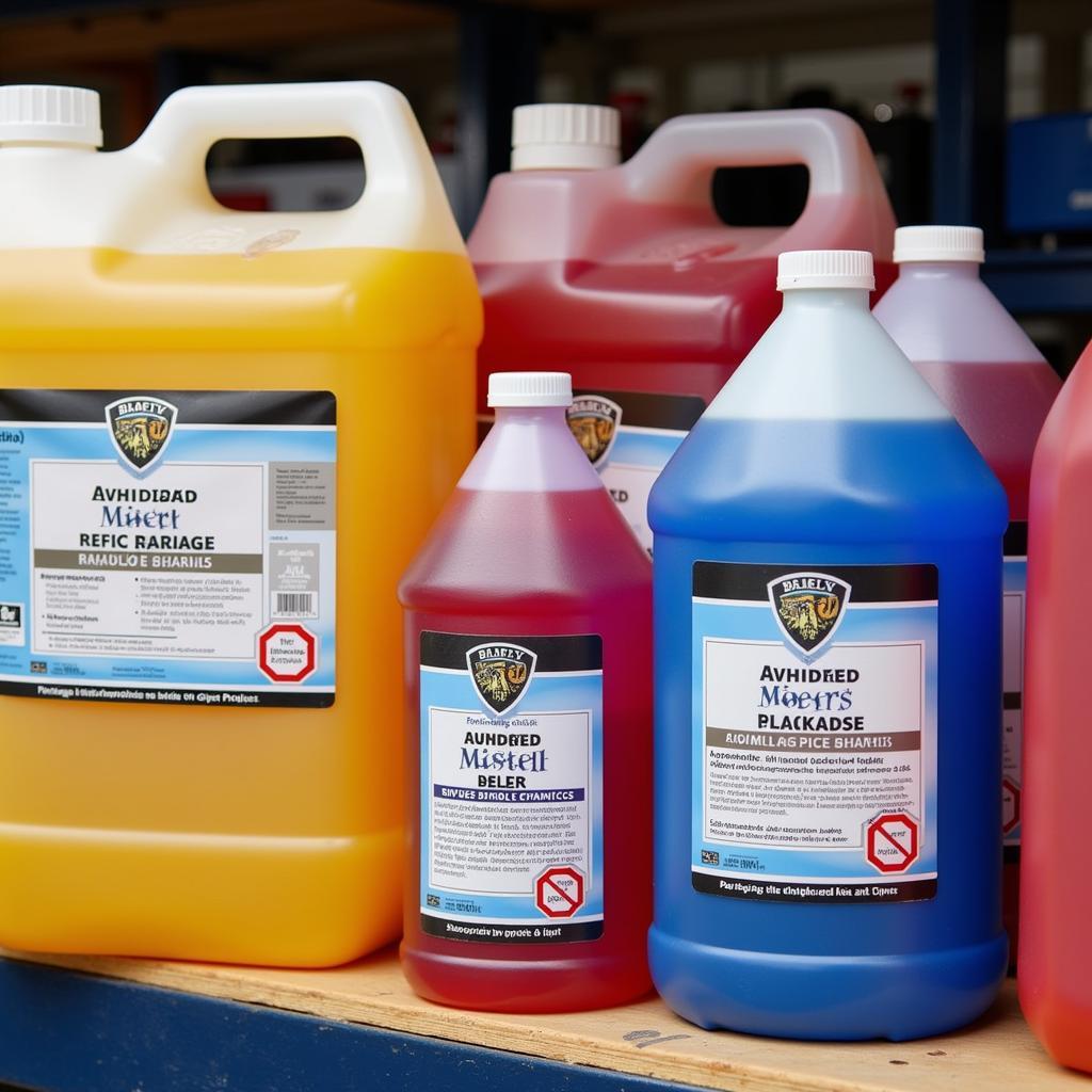 Large containers of car detailing chemicals, including shampoo, wax, and sealant, stacked in a warehouse.