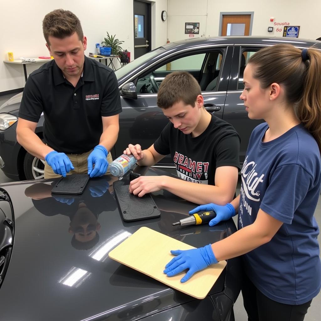 Students practicing car detailing techniques in a California class