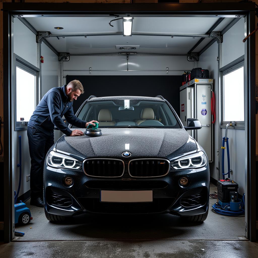 Car Being Detailed Inside a Mobile Detailing Unit